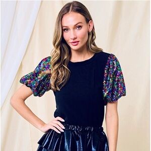 BOUTIQUE Elliana Black Multi Color Rainbow Sequin Puff Sleeve Fitted Top XL